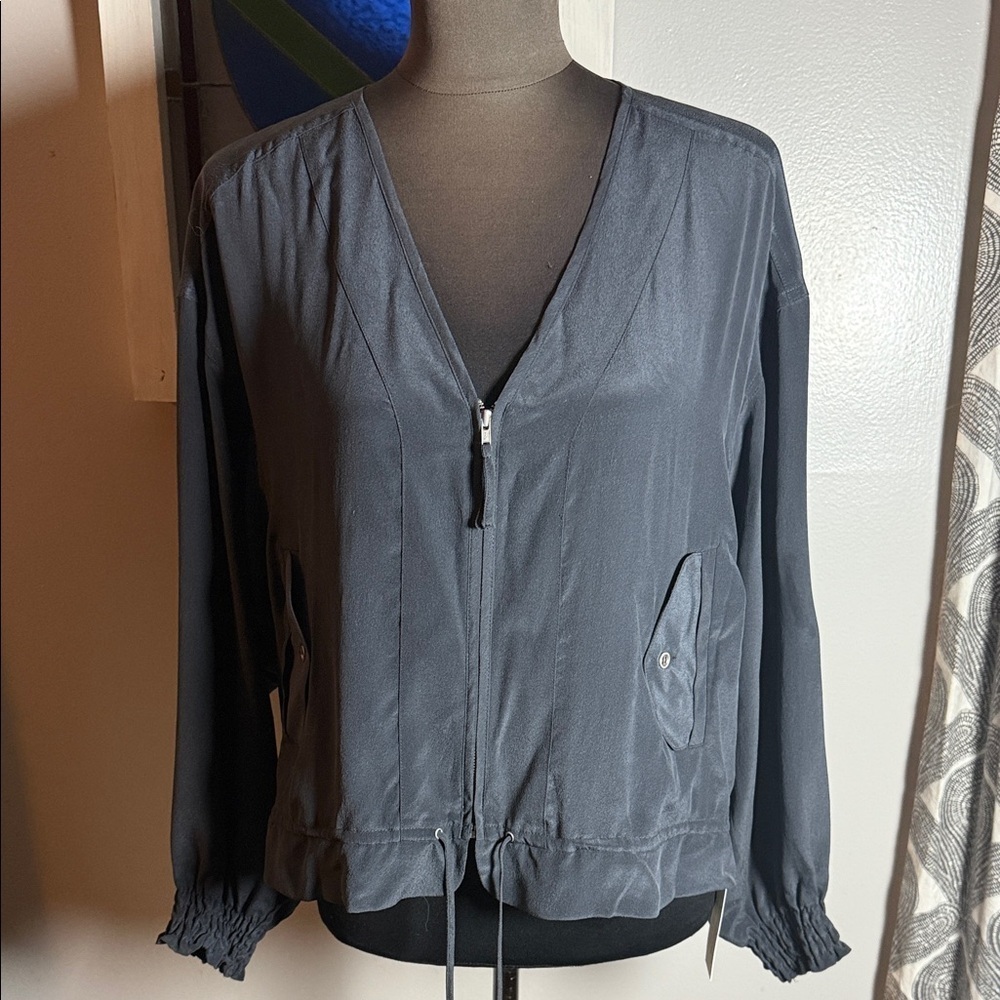 Poetry 100% Pure Silk Lightweight Zip Up V Neck Drawstring Jacket SZ Small